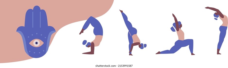 Women exercising yoga vector illustration. Yogis in poses meditation vector logo illustration. Inspirational Yoga art. Yoga logo, boho print, poster. Cartoon flat style.Decorative hamsa hand vector
