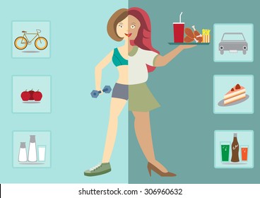 women exists before and after the diet,healthy lifestyle,vector