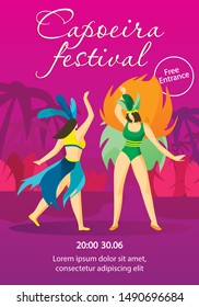 Women in Exotic Brazilian Carnival Costumes Dance. Party Invitation. Capoeira Festival. Night Party. People Celebrate Brazilian Carnival. Women Have Fun. National Holiday Brazil. Vector Illustration.