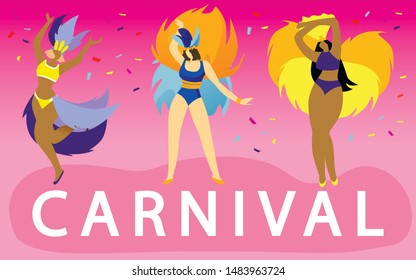 Women in Extravagant Costumes Dance on Carnival. Dancers Dance Incendiary Dances. Traditional Brazilian Costume. Country Cult. Woman Have Fun. National Holiday of Brazil. Vector Illustration.