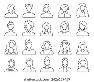 Women face avatars. Coloring Page. Unknown or anonymous person. Different user profile. Hand drawn style. Vector drawing. Collection of design elements.