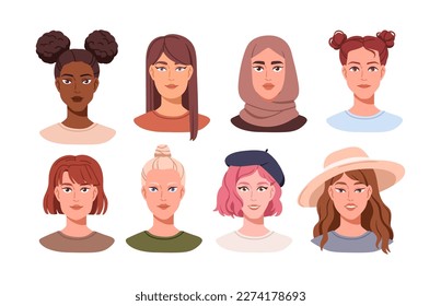 Women face avatars set. Young girls, head portraits. Attractive female characters, modern stylish hairstyles, headdresses, diverse appearance. Flat vector illustration isolated on white background