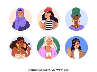 Las mujeres se enfrentan a los avatares. Personajes femeninos jóvenes de diferentes razas, etnias. Niñas modernas y diversas, retratos de cabeza en círculo, perfiles de usuarios. Ilustraciones vectoriales planas aisladas en fondo blanco