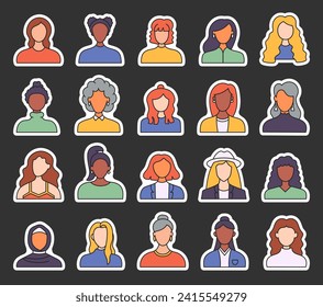 Women face avatars. Sticker Bookmark. Unknown or anonymous person. Different user profile. Hand drawn style. Vector drawing. Collection of design elements.