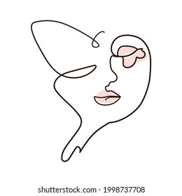 Women face with butterfly one line drawing. Abstract minimal portrait continuous line.