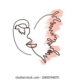 Women face with butterfly one line drawing. Abstract minimal portrait continuous line.
