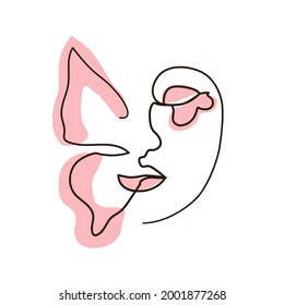 Women face with butterfly one line drawing. Abstract minimal portrait continuous line.