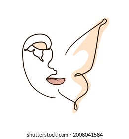 Women face with butterfly one line drawing. Abstract minimal portrait continuous line.