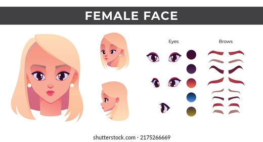 Women face constructor elements with different colors and forms of eyes brows, eyes  female character 