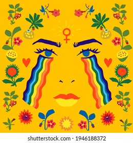 Las mujeres enfrentan el símbolo de género femenino, el arco iris en las mejillas y el patrón floral. Ilustración vectorial plana para el diseño impreso, concepto de feminismo, poder de las niñas 