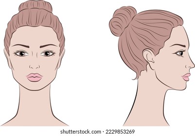 Women face. Female head drawing. Front side portrait. Beautiful woman sketch. Template for beauty industry. Vector illustration.