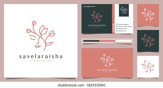 women face with flower logo design and business card. natural women logo for beauty salon, spa, cosmetic, and skin care. luxury feminine template.