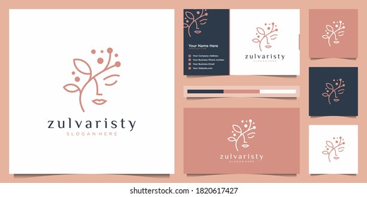 women face with flower logo design and business card. natural women logo for beauty salon, spa, cosmetic, and skin care.