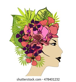 Women face with flowers. Abstract vector illustration. Girl face with floral hair.