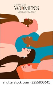 Women face head. Modern feminist illustration. International women's day. 8 March day. Spring. Concept for equality. Boho colors. Vector