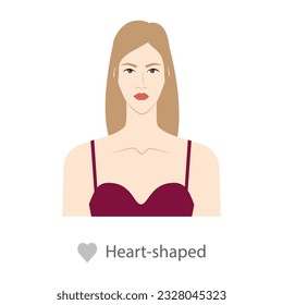 Women face heart shape type with text diagram. Female Vector illustration in cartoon style in the burgundy dress 9 head size lady front view. Vector outline girl for fashion sketching