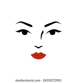 Women Face icon. Logo women face with red lips on white background. Concept of beauty, body care, facial skin care, cosmetology. Logo for salon or beauty spa. Vector illustration in flat design