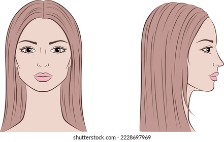 Women face long straight hair. Female head drawing. Front side portrait. Beautiful woman sketch. Template for beauty industry. Vector illustration.