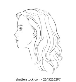 Women face looking side. Profile side view of beautiful girl face with long wavy curls hair hairstyle. Volume, haircut, hairdressing. Vector line sketch.