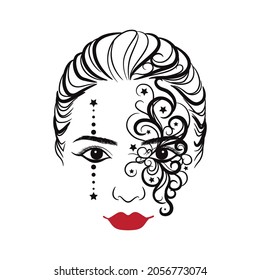 Women Face Painting, Day Of The Dead Face Painted Woman, Skull, Halloween, Witch Clipart, Vector Illustration. 