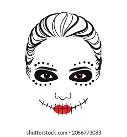 Women Face Painting, Day Of The Dead Face Painted Woman, Skull, Halloween, Witch Clipart, Vector Illustration. 