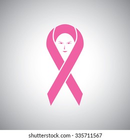 women face & pink ribbon, concept breast cancer