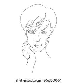 Women face portrait in one line with place for text - design templates for social media stories and bloggers, simple stylish logo for beauty salons, badge, label, posters, t-shirts, avatars.
