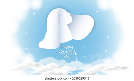 women face shape on blue sky heaven with cloud and heart,cute cartoon ,vector illustration,international women's day,for website banner,commercial,content head or presentation background