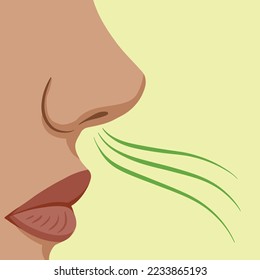 Women face from side, smelling something bad. Foul smell vector illustration. Nose and mouth drawing with breathing action. Cartoon flat art styled drawing isolated on light green background.