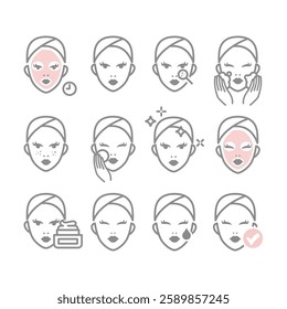 Women face and skin care, cosmetic routine icon set. Face mask sheet, cleaning and moisturizer icons.