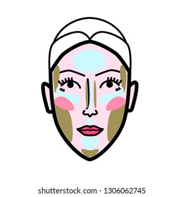 Women face strobing scheme minimal concept line art icon for skin care cosmetics design, strobing or contouring scheme, logo, product instrustion, poster or flyer 