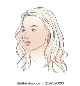 Women face. Three-quarter view of beautiful girl face with long wavy hair curls hairstyle. Volume, haircut, hairdressing. Vector line sketch.