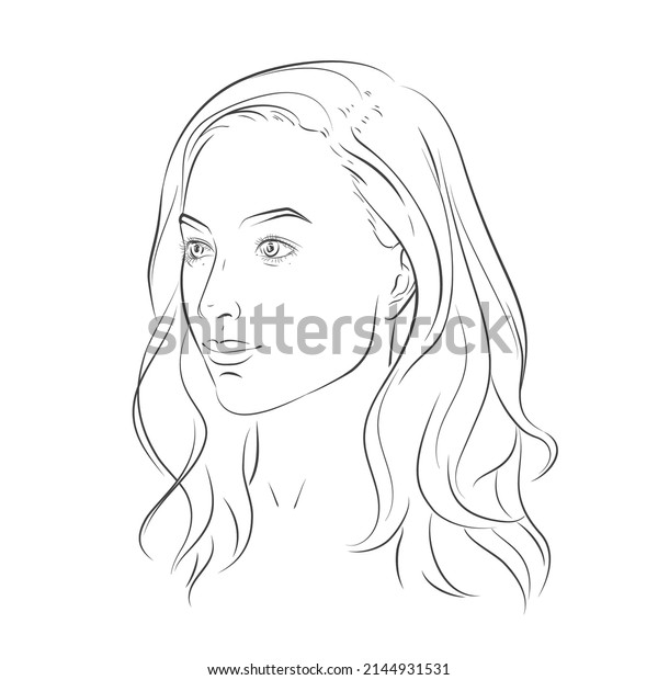 Women face. Three-quarter view of beautiful girl
face with long wavy hair curls hairstyle. Volume, haircut,
hairdressing. Vector line
sketch.