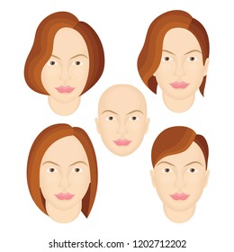 Women face. Young women face with different hairstyles.
Girl face illustrations set. Female portrait.