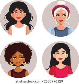 
Women Faces Avatar Set Collection Vector Cartoon Illustration. Happy confident girls of different ethnicity in multicultural group of friends

