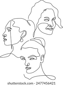 women faces continuous line art, three faces with calm expressions beauty captured in one line art for printable assets illustration 