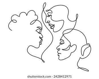 Las mujeres se enfrentan a nacionalidades diferentes. Dibujo continuo de una línea. Ilustración vectorial dibujada a mano.