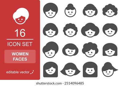 Women faces icon set. Editable line vector of girl faces and hair styles.