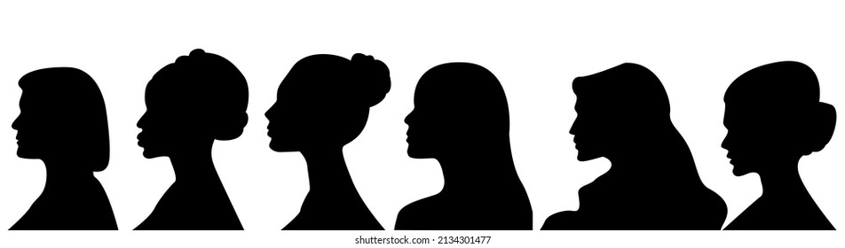 Women faces icons. Woman silhouette .Female face in profile.Womens heads in profile.Black silhouette outline.