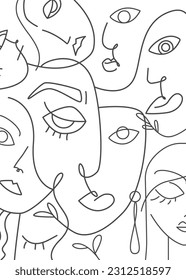 Women faces line art. Abstract minimal women portraits for shirt print or poster. Line drawing vector illustration isolated on white