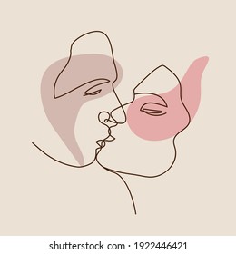 Women faces, minimalistic shapes and Abstract line art. Kiss of man and woman. Modern hand drawn vector illustrations. Silhouettes for Social media. Female portraits for  postcard or brochure.
