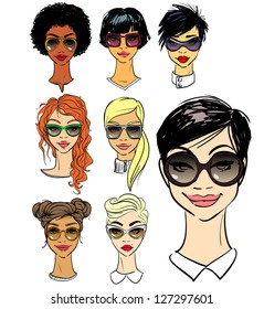 Women faces in sunglasses, different fashion styles isolated on white, hand drawn