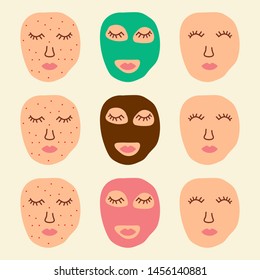 Women faces who used face sheet mask. Skin cleaning concept. Vector illustration.