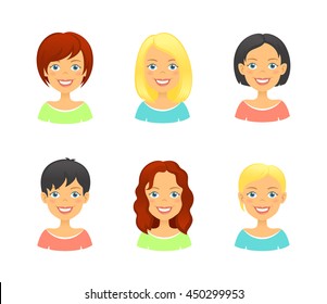 Women faces. Woman hair styles of different types and colors. Girl face avatar set