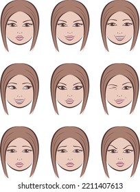 Women facial expression set. Beautiful female face sketch. Woman head silhouette. Portrait drawing. Template for beauty industry. Vector illustration.