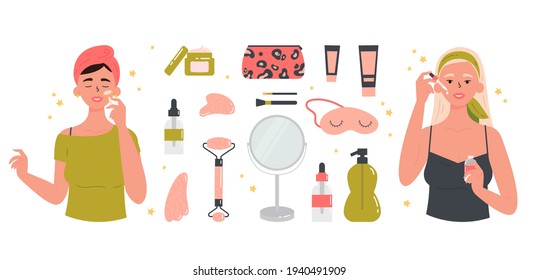 Women with facial gua sha stone. Beauty routine. Face and body skin care concept. Attractive girls with various cosmetics and accessories for beauty. Hand drawn trendy colored illustration. 