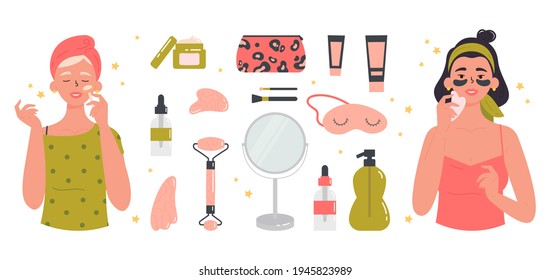 Women with facial gua sha stone. Beauty routine. Face and body skin care concept. Attractive girls with various cosmetics and accessories for beauty. Hand drawn trendy colored illustration. 