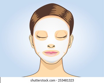 Women facial sheet mask in cartoon version on blue background