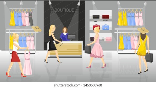 Women in a fancy store Vector. People trying on clothes and accesories. Sale promotion brochure template