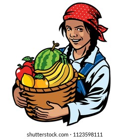 women farmer and basket of fruits